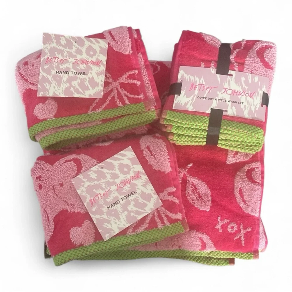 BETSEY JOHNSON XOXO CHERRIES AND BOWS PINK 7PC BATHROOM BATH TOWEL SET 🍒